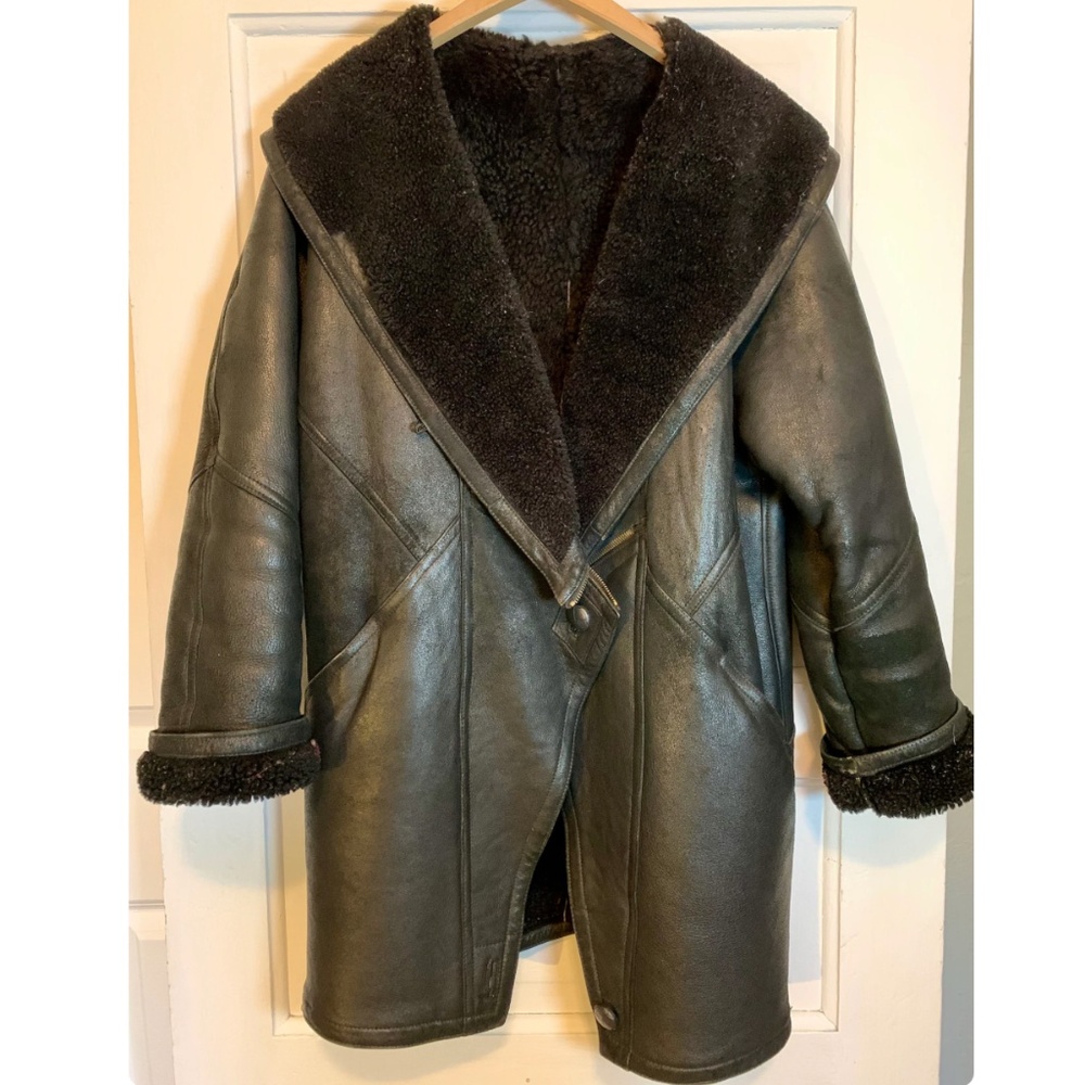 1980s chunky black shearling coat oversize unisex